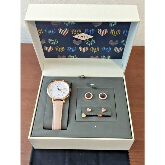 Fossil Jacqueline Blush Leather Watch & Earrings Box Set NIB